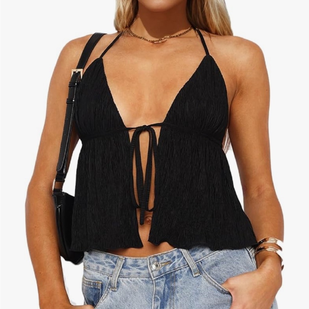 Women’s black tie front halter neck top